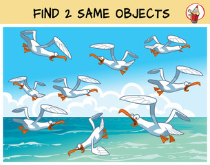 Naklejka premium Find two the same seagulls in the picture. Educational matching game for children. Cartoon vector illustration