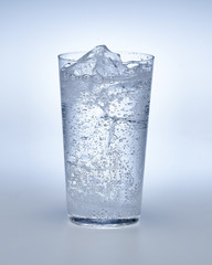 carbonated water with ice in the clear transparent glass