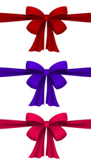 Set of vector realistic red, pink and purple bows. Bows made of satin ribbon. Isolated on white. For the design of drawings with gifts, gift wrapping, postcards, other printed products. Vector EPS 10