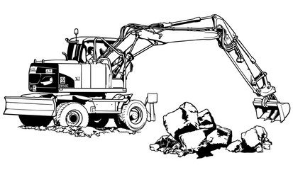 Excavator Machine in Work - Black and White Illustration, Vector