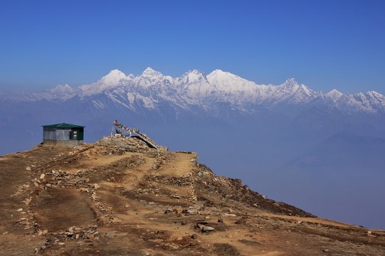 Ganesh Himal mountain range seen from Laurebina, Nepal. Fogy spring day in the Himalayas.