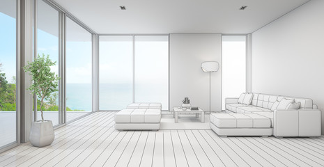 Sea view living room of luxury beach house with indoor plant near glass door and wooden floor deck. White sofa against blue wall in vacation home or holiday villa. Interior 3d illustration sketching.