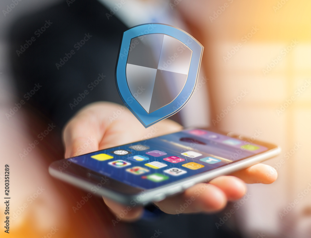 Poster shield symbol displayed on a futuristic interface - security and internet concept