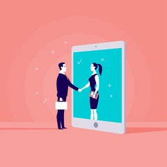 Vector business concept illustration with businessman & lady shaking hands, girl standing in tablet screen. Metaphor for cooperation, partnership, collaboration, web communication & online consulting.