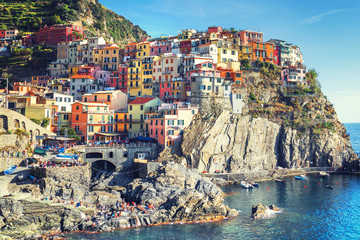 Fototapeta na wymiar Scenic view of Manarola village and the sea in the province Liguria, Cinque Terre, northern Italy on a clear sunny day