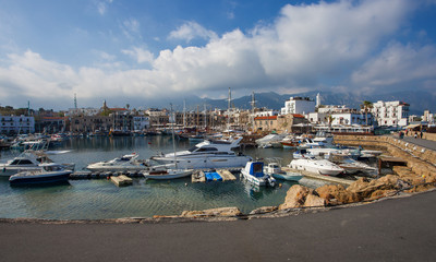 Fototapeta na wymiar Beautiful view of old harbour in Kyrenia town, North Cyprus
