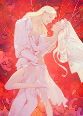 Beautiful anime cartoon wedding illustration of a young couple just married on an abstract background