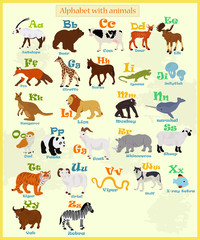 Vector alphabet with animals on a light background