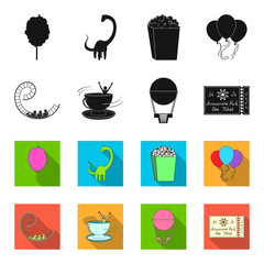 Roller coaster ride, balloon with basket, caruelle cup, ticket to the entrance to the park. Amusement park set collection icons in black,flet style vector symbol stock illustration web. © pandavector