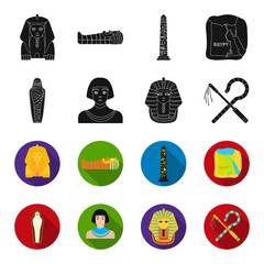 Crook and flail,a golden mask, an egyptian, a mummy in a tomb.Ancient Egypt set collection icons in black,flet style vector symbol stock illustration web. © pandavector