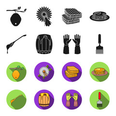 A spoon of honey, protective gloves, a barrel of honey, a fork.Apiary set collection icons in black,flet style vector symbol stock illustration web. © pandavector
