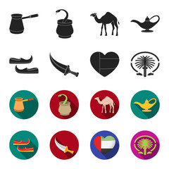 Eastern shoes, dagger, the heart of the emirates,Palm Jumeirah.Arab emirates set collection icons in black,flet style vector symbol stock illustration web. © pandavector