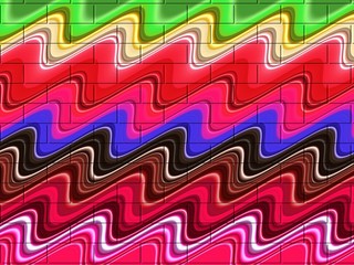 Wavy lines and brick like shapes, abstract colorful background in pink, red, blue, green hues