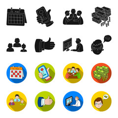 Videoconference, business thoughts, a badge of okay.Bizneskonferentsiya and negotiations set collection icons in black,flet style vector symbol stock illustration web. © pandavector