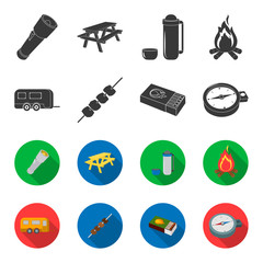 Trailer, shish kebab, matches, compass. Camping set collection icons in black,flet style vector symbol stock illustration web. © pandavector