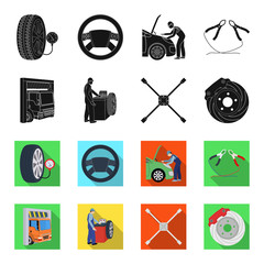 Wheel balancing, spanner and brake disc black,flet icons in set collection for design.Car maintenance station vector symbol stock illustration web. © pandavector