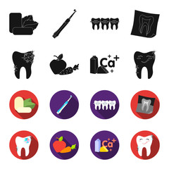 A tooth with brilliant sparkling, an apple with carrots useful for teeth, milk in a box, cheese and a sign of calcium, a smiling tooth. Dental care set collection icons in black,flet style vector © pandavector