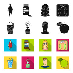 A glass of water, a bottle of alcohol, a sweating man, an apple. Diabeth set collection icons in black,flet style vector symbol stock illustration web. © pandavector