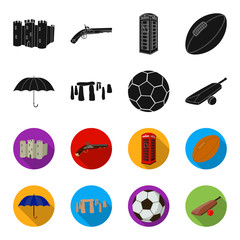 Umbrella, stone, ball, cricket .England country set collection icons in black,flet style vector symbol stock illustration web. © pandavector