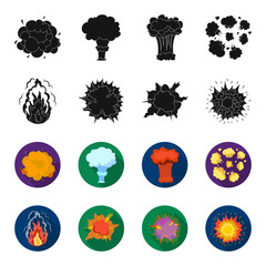 Flame, sparks, hydrogen fragments, atomic or gas explosion, thunderstorm, solar explosion. Explosions set collection icons in black,flet style vector symbol stock illustration web. © pandavector