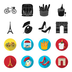 Eiffel tower, brush, hat .France country set collection icons in black,flet style vector symbol stock illustration web. © pandavector