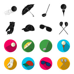 A glove for playing golf with a ball, a red cap, sunglasses, two clubs. Golf Club set collection icons in black,flet style vector symbol stock illustration web. © pandavector
