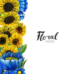 Watercolor Floral Background. Hand painted border of flowers. Good for invitations and greeting cards. Sunflowers, roses, berries and blue wildflowers. Spring blossom
