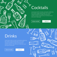 Vector hand drawn alcohol drink bottles and glasses banners illustration