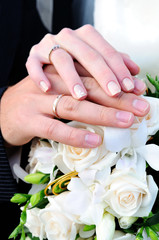 Hands of newlyweds with wedding rings on a bouquet of the bride with white roses.