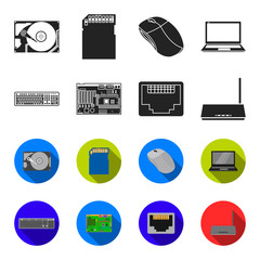Keyboard, router, motherboard and connector. Personal computer set collection icons in black,flet style vector symbol stock illustration web. © pandavector
