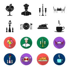 Vase with a flower, table setting, fried chicken with garnish, a cup of coffee.Restaurant set collection icons in black,flet style vector symbol stock illustration web. © pandavector