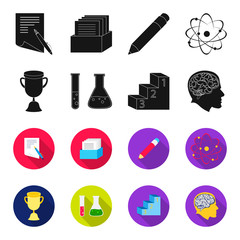 A cup, test tubes with a reagent, a pedestal, a man head with a brain. School set collection icons in black,flet style vector symbol stock illustration web. © pandavector