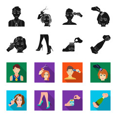 Curling hair, high heels and other web icon in black,flet style. A pack of cigarettes, a bottle of champagne in hand icons in set collection. © pandavector