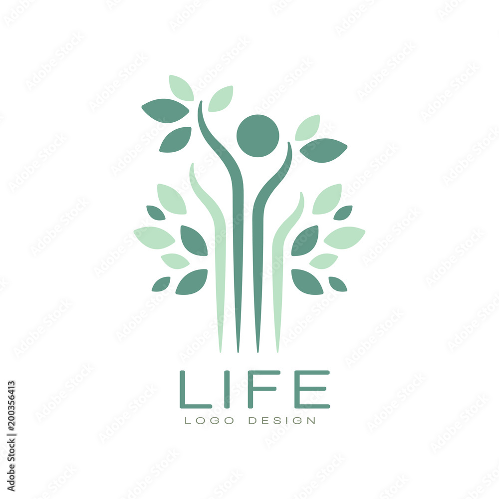 Sticker Green life logo with leaves and abstract human figure. Harmony with nature. Flat vector emblem for medical care center or spa salon