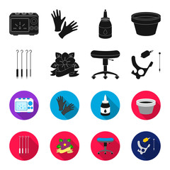 Chair on rollers, needles for tattoo and other equipment. Tattoo set collection icons in black,flet style vector symbol stock illustration web. © pandavector