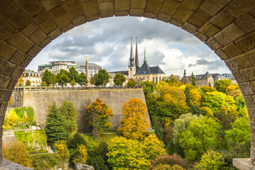 View of Gelle Fra and Notre Dame Cathedral from Adolphe bridge in Luxembourg - obrazy, fototapety, plakaty