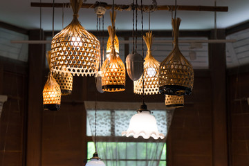 vintage lamp, decorating hanging lantern lamps lighting balls on the chandelier in the lamplight wooden wicker made from bamboo with window light