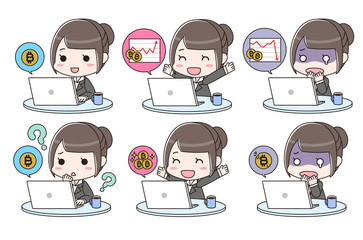 パソコンでビットコイン取引をする女性　セット