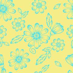 Fototapeta na wymiar Seamless hand drawn floral pattern from garden flowers and leaves. For fabric, cloth design, wallpaper, printing in blue and yellow colors