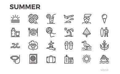 Summer vacation icons. Sun, sea, tourism and others symbols. Editable line.