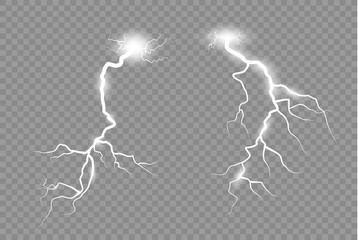 Lightning and thunder-storm. Magic glow and sparkle bright lighting effect. vector illustration.