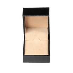 Open square black box with a beige bed for jewelry isolated on a white background. Frontal view