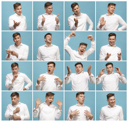 The collage of different human facial expressions, emotions and feelings.