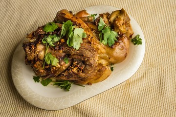 Baked meat on the kitchen table.