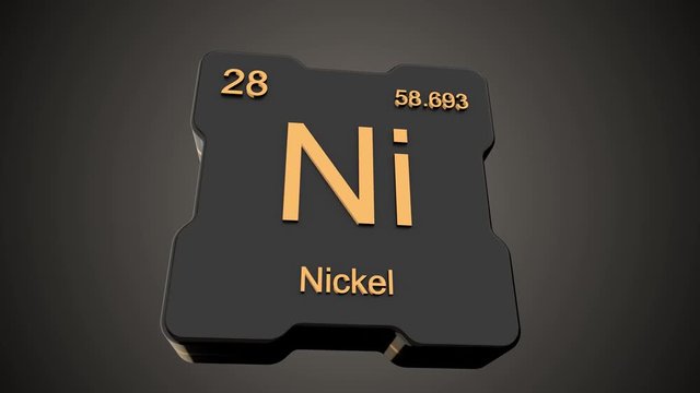 Nickel element symbol from periodic table on futuristic black glossy icon animated on dark background and chroma key green screen background