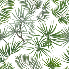 Naklejka na ściany i meble seamless pattern of bright green tropical leaves on white background.Vector Tropical palm leaves seamless pattern. Jungle floral ornamental background. Florals for your poster, banner flayer.