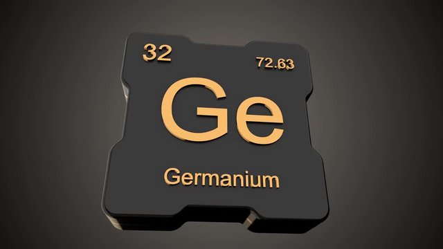 Germanium element symbol from periodic table on futuristic black glossy icon animated on dark background and chroma key green screen background