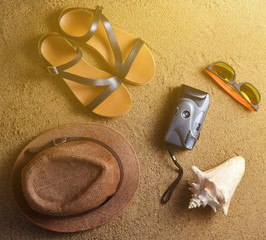 Beach accessories lie on the sand. Hat, camera, sandals, sunglasses, seashells. The concept of...