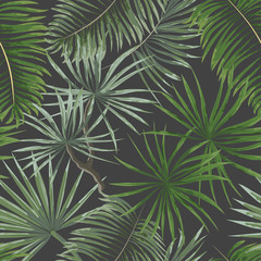 nahtloses Muster von hellgrünen tropischen Blättern auf grauem Hintergrund. Tropische Palmblätter, Dschungel verlässt nahtlosen Vektorblumenmusterhintergrund.