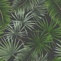 Gordijnen naadloze patroon van helder groene tropische bladeren op een grijze achtergrond. Tropische palmbladeren, jungle bladeren naadloze vector bloemmotief achtergrond. © Екатерина Рушева